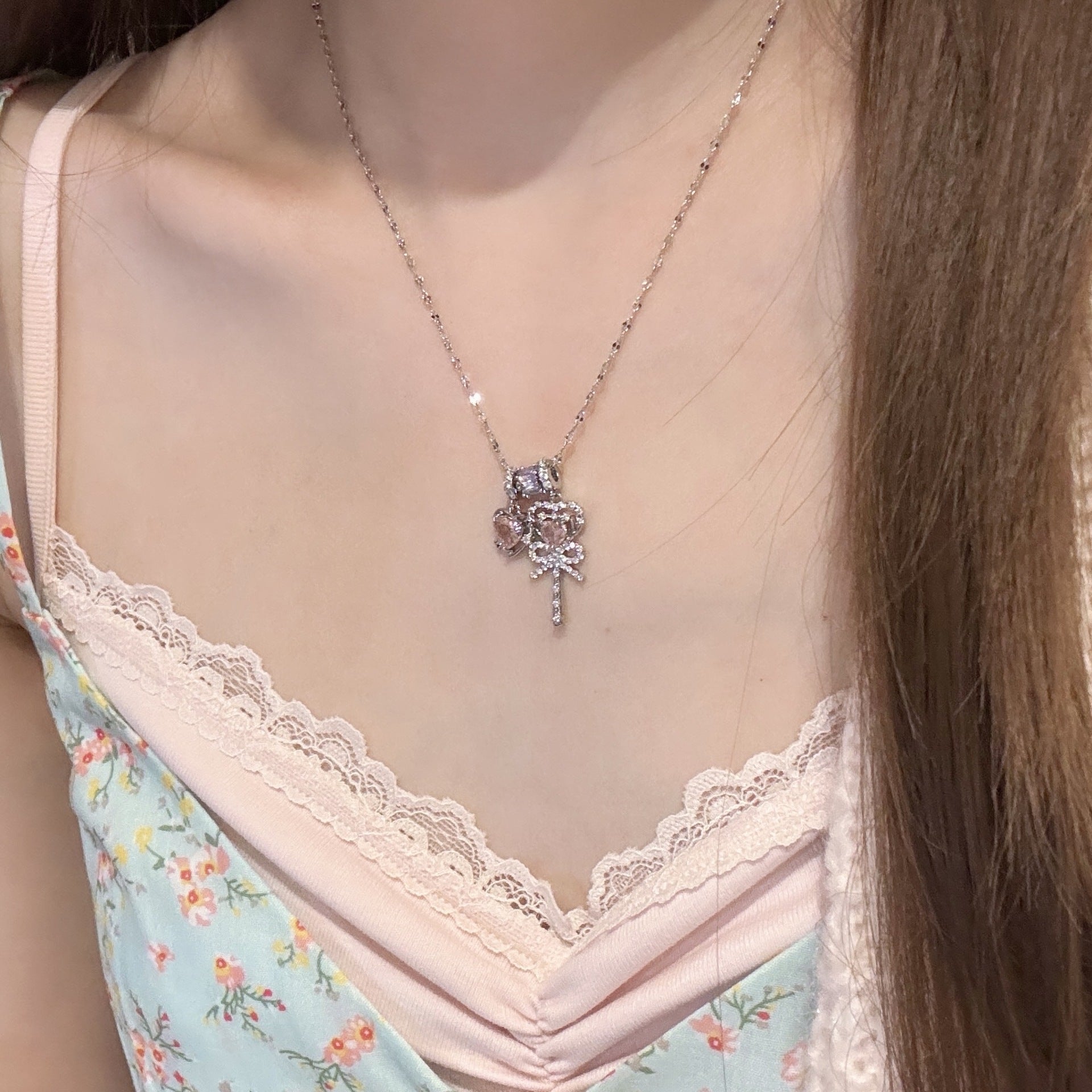 Pink Diamond Magic Wand Necklace Sweet Princess Style Luxury All-match Women Neck Chain