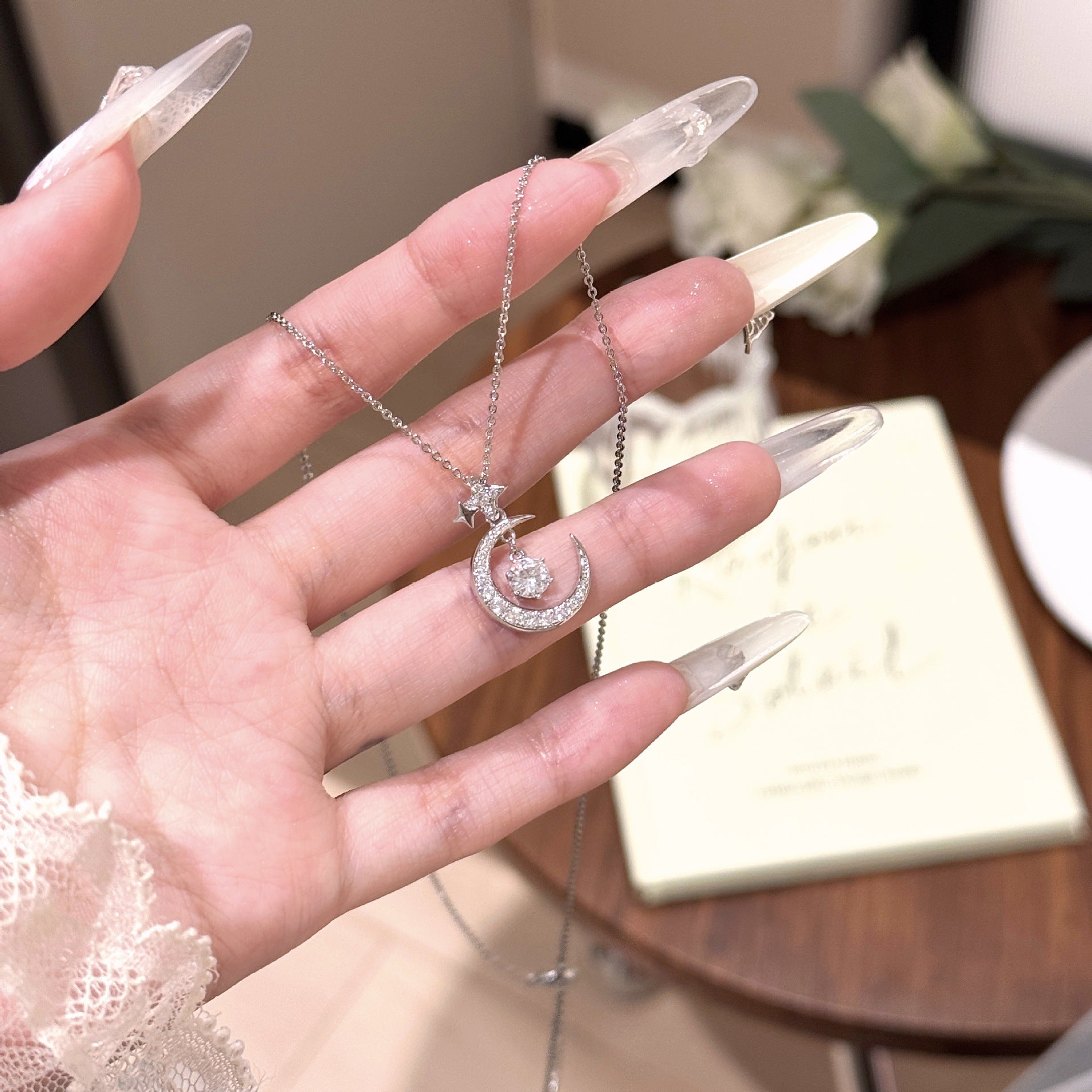 Custom Moon & Star Clavicle Necklace, Large Sparkling Zircon Pendant, Luxury Niche Fashion Jewelry