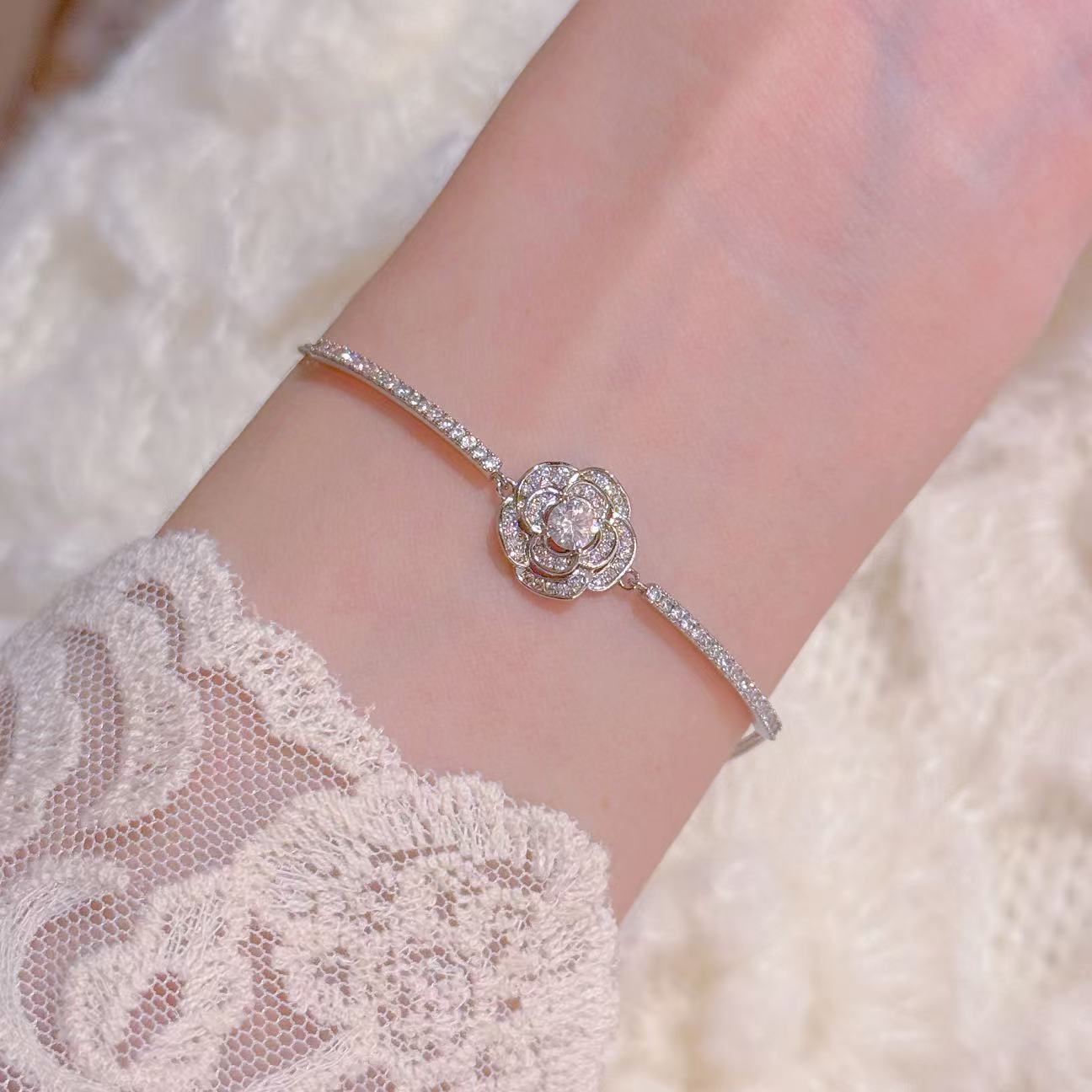 Camellia Flower Cubic Zirconia Bracelets for Women, Luxury Niche Sparkling Dainty Elegant Versatile Daily Fine Hand Jewelry