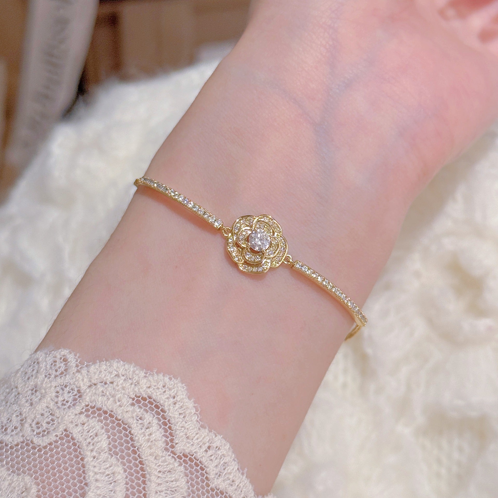 Camellia Flower Cubic Zirconia Bracelets for Women, Luxury Niche Sparkling Dainty Elegant Versatile Daily Fine Hand Jewelry