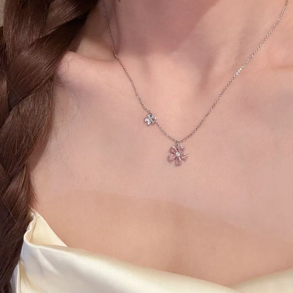 Cherry Blossom Pendant Necklace Sparkling Elegant Clavicle Chain Sweet Fashion Jewelry for Girls