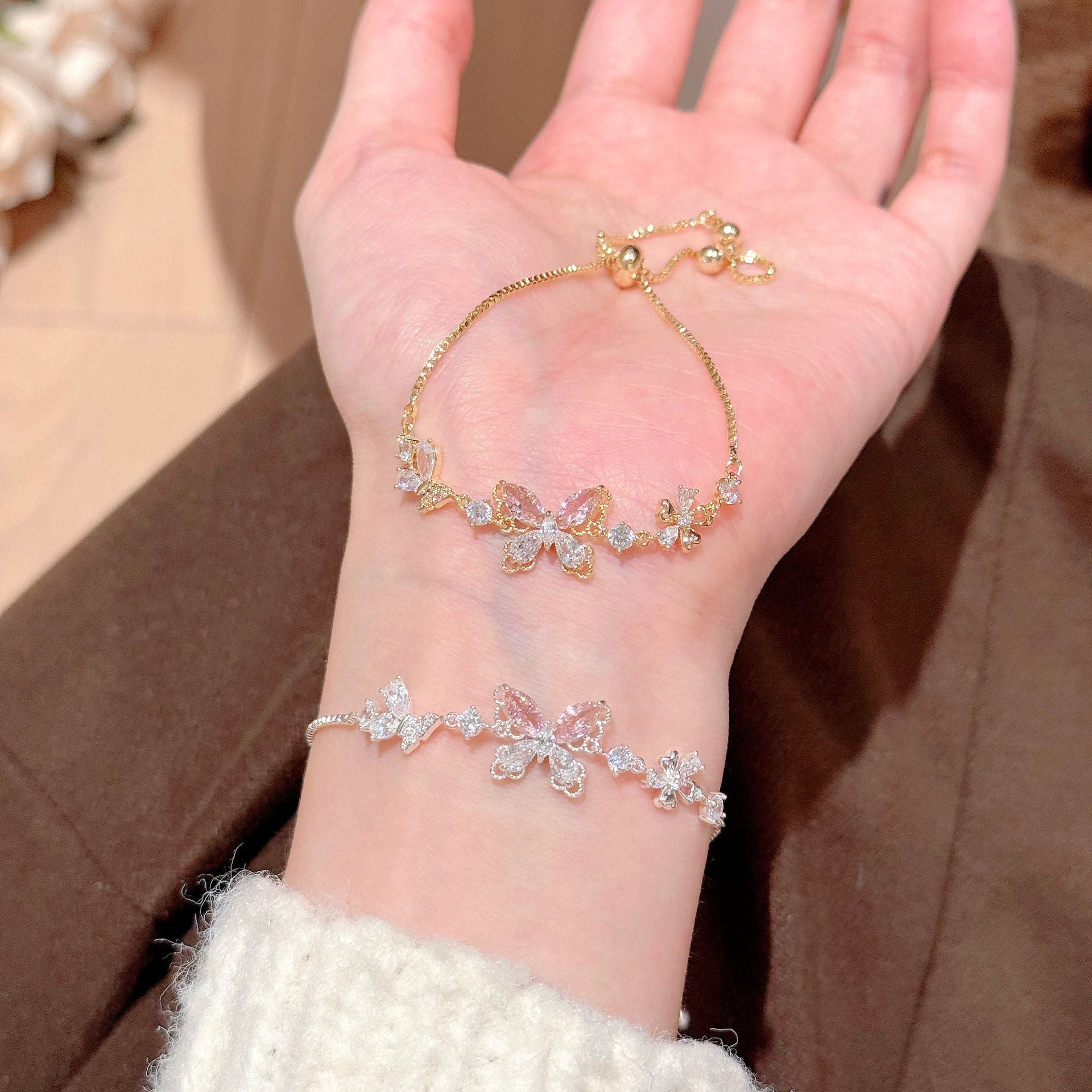 Zircon Butterfly Flower Adjustable Bracelet Sweet Luxury Stylish Ladies Hand Ornament