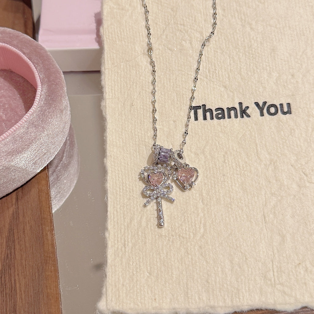 Pink Diamond Magic Wand Necklace Sweet Princess Style Luxury All-match Women Neck Chain