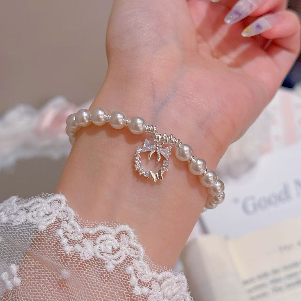 Princess Bow Pearl Bracelet, Luxury Niche Elegant Wrist Jewelry, Sweet Graceful Exquisite Temperament Bracelets