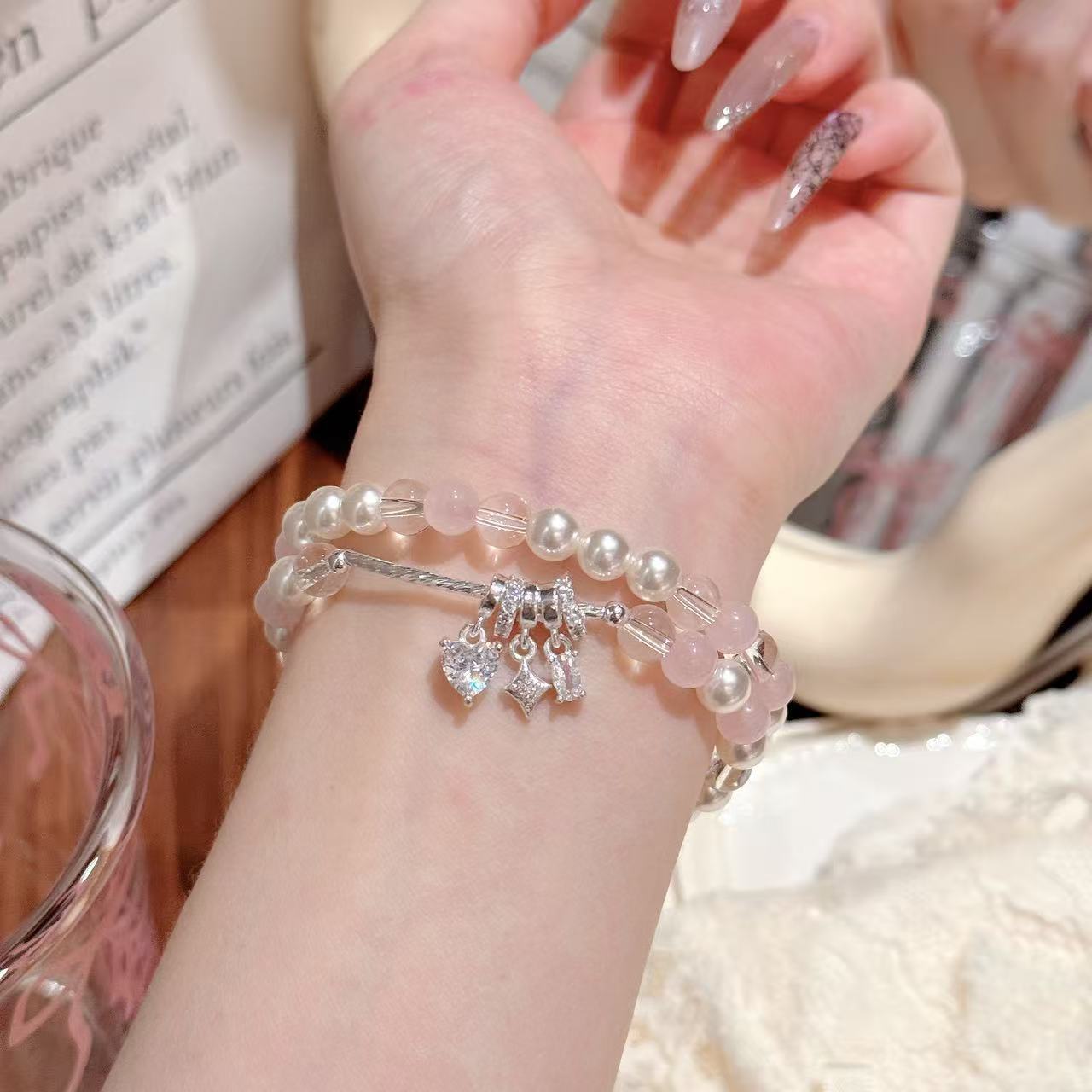 Pink Crystal Bracelet, Luxury High-grade Stackable Bead Design, Super Fairy Fresh Sweet Pearl Bracelet Hot Selling on Redbook
