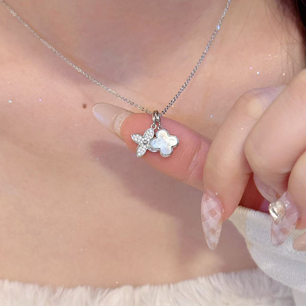 Korean Style Double Four Leaf Clover Necklace, Luxury Niche Elegant Clavicle Chain, Fashion All-match Pendant Necklace