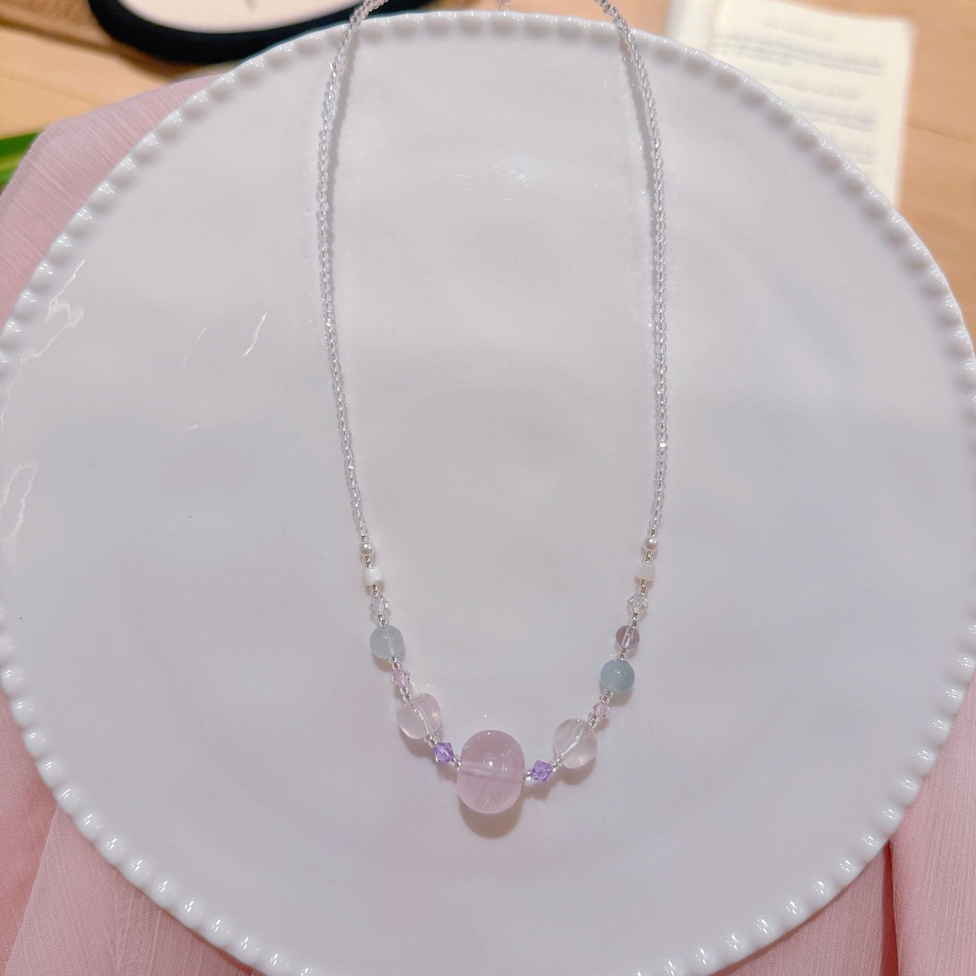 Beaded Pink Crystal Necklace, Luxury Niche Sweet Clavicle Chain, Elegant All-match Dainty Women Jewelry