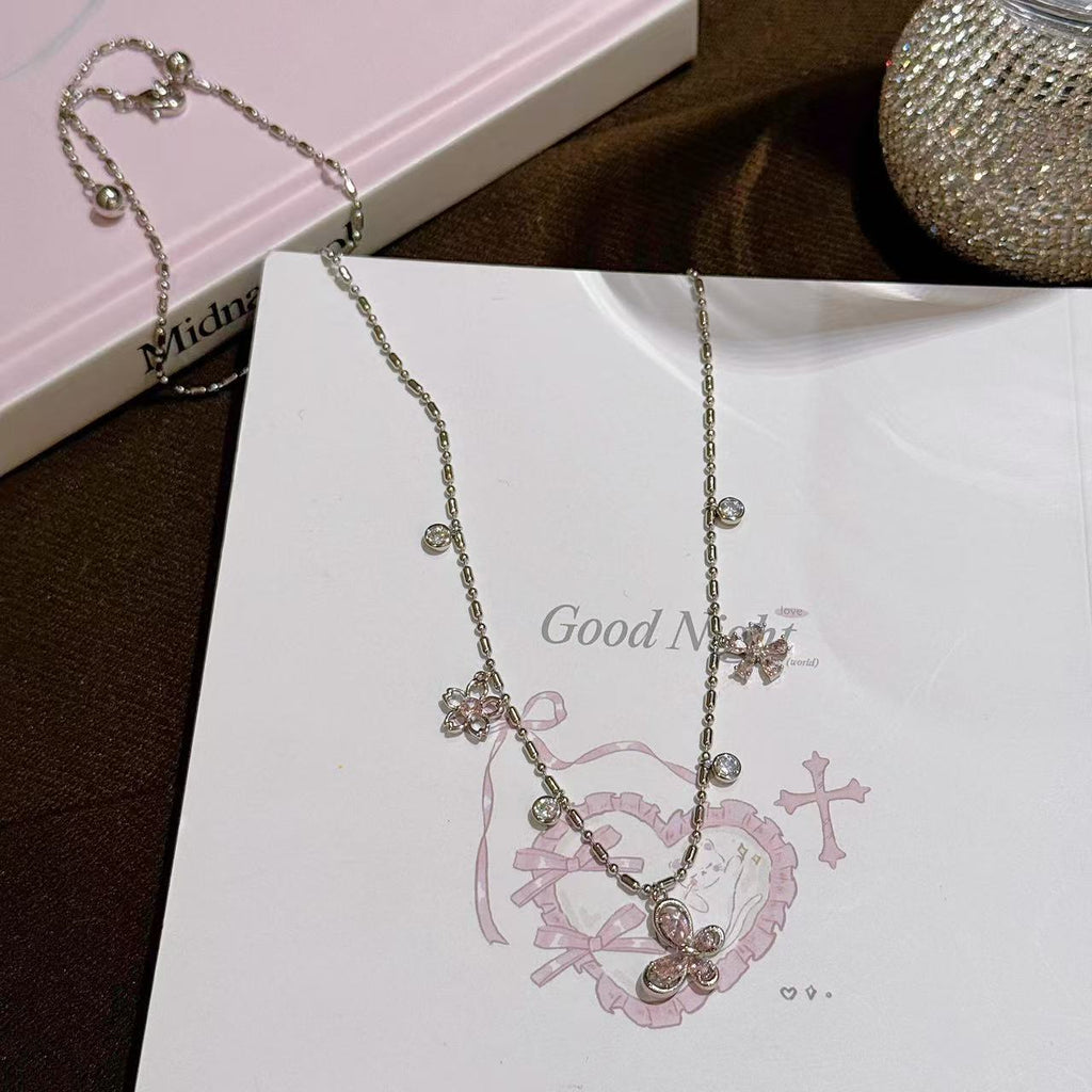 Vintage Butterfly & Flower Clavicle Necklace, Sweet Feminine Dainty Pendant Chain
