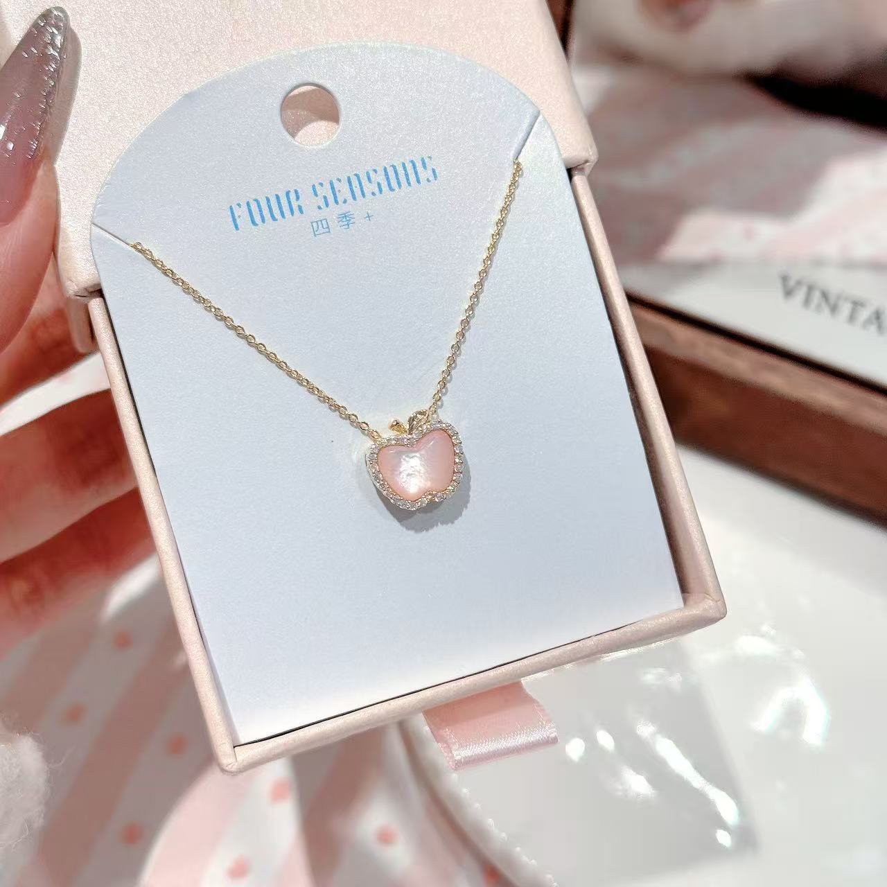 Pink Apple Pendant Necklace, Soft Elegant Light Luxury Women Daily Wear Jewelry