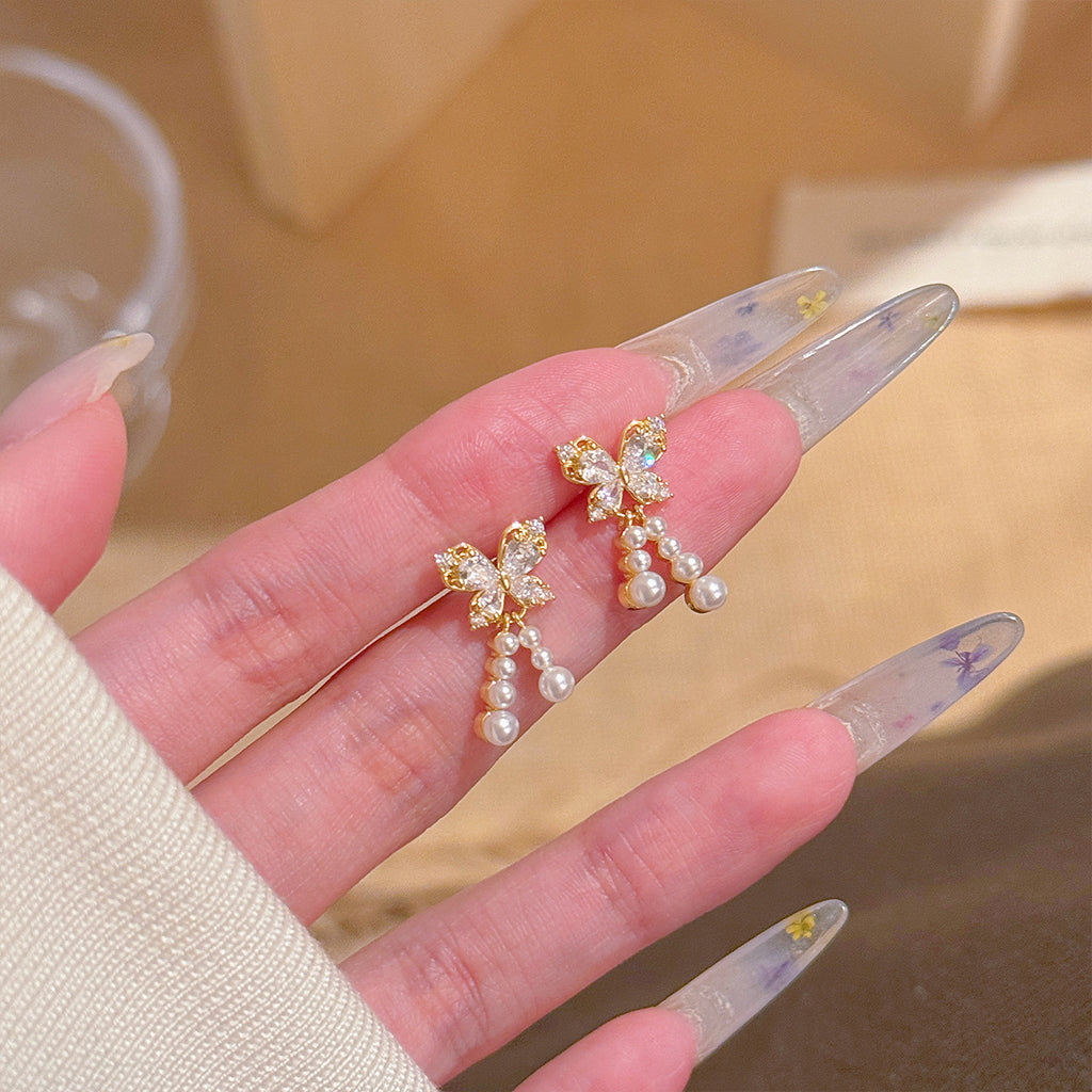 Butterfly Pearl Stud Earrings, S925 Sterling Silver Posts, Fresh Sweet Elegant Luxury Dainty All-match Earrings