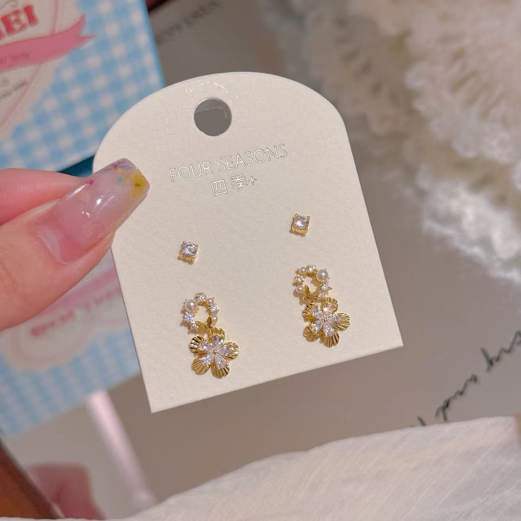3 Pairs Floral Wreath Pearl Stud Earrings Set, Luxury Dainty Sweet Elegant All-match Jewelry for Women