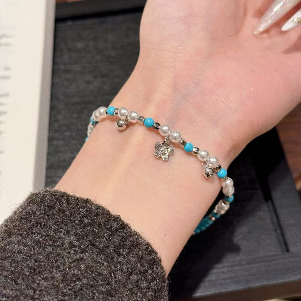 Luxury Turquoise Pearl Flower Jewelry Set Elegant Daily Women Accessory