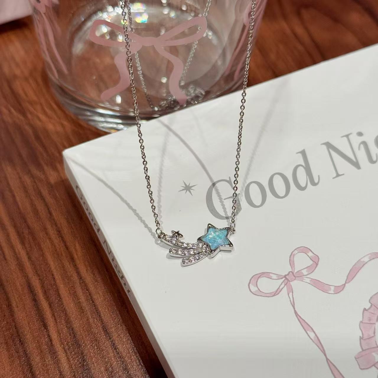 Aquamarine Meteor Necklace, Minimalist Luxury Clavicle Chain, Korean Style Sparkling Zircon Pendant, Sweet College Style Daily Jewelry Gift