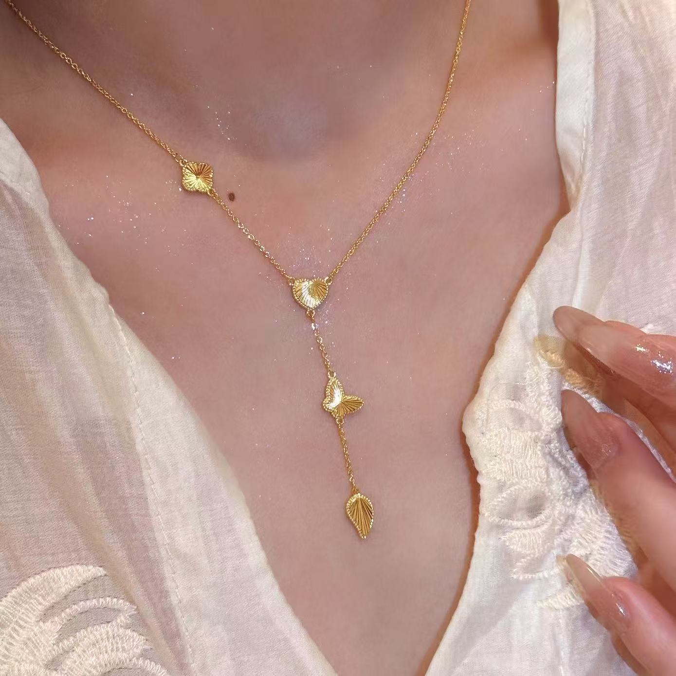 Golden Shovel Sand Gold Necklace, Non-fading Chinese Style Daily Neck Chain