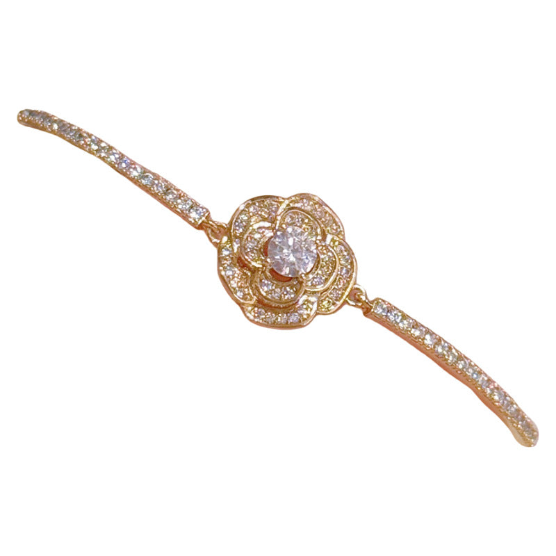 Camellia Flower Cubic Zirconia Bracelets for Women, Luxury Niche Sparkling Dainty Elegant Versatile Daily Fine Hand Jewelry