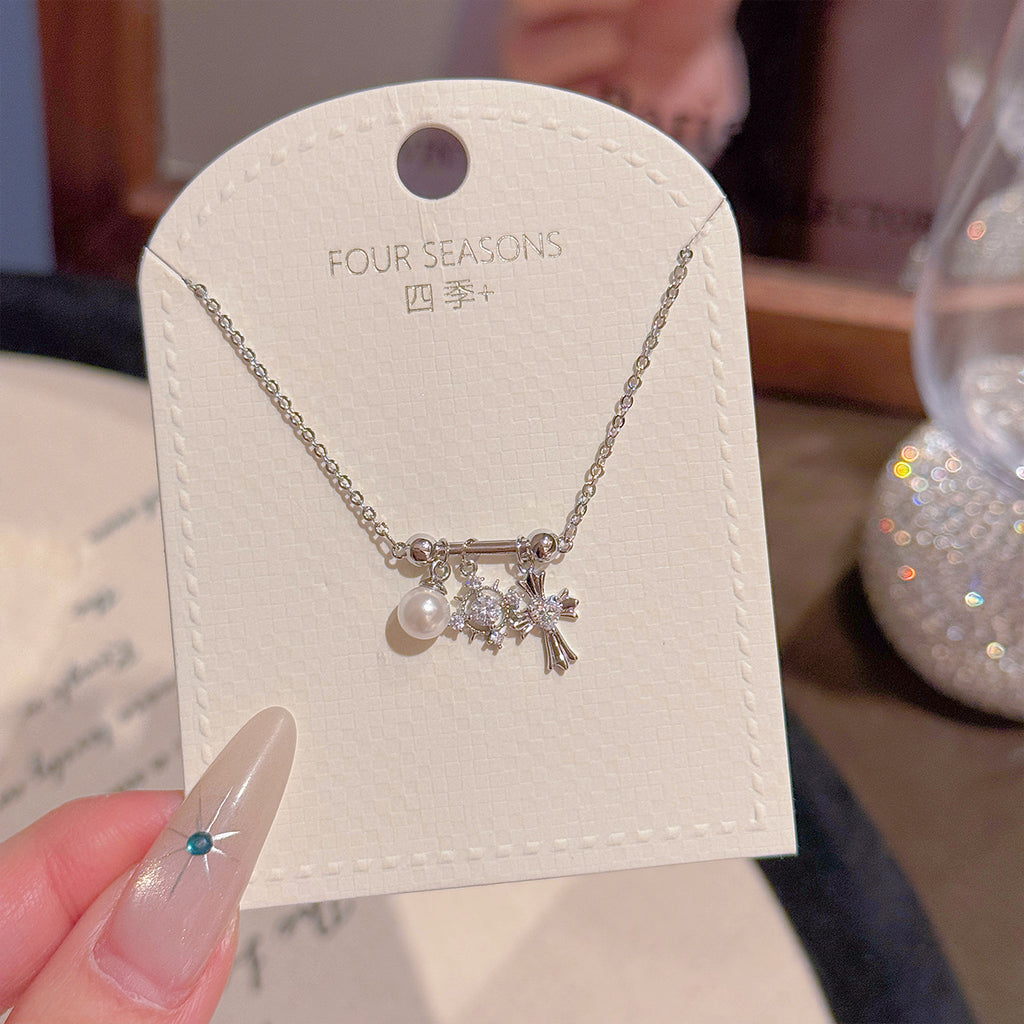 Retro Cross Pearl Clavicle Necklace, Elegant Sweet Cool High Grade Women Daily Jewelry