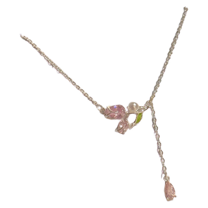 Unique Dainty Luxury Necklace, Sweet Tulip Tassel Pendant Clavicle Chain, Delicate Gentle Fashion Jewelry For Daily Wear