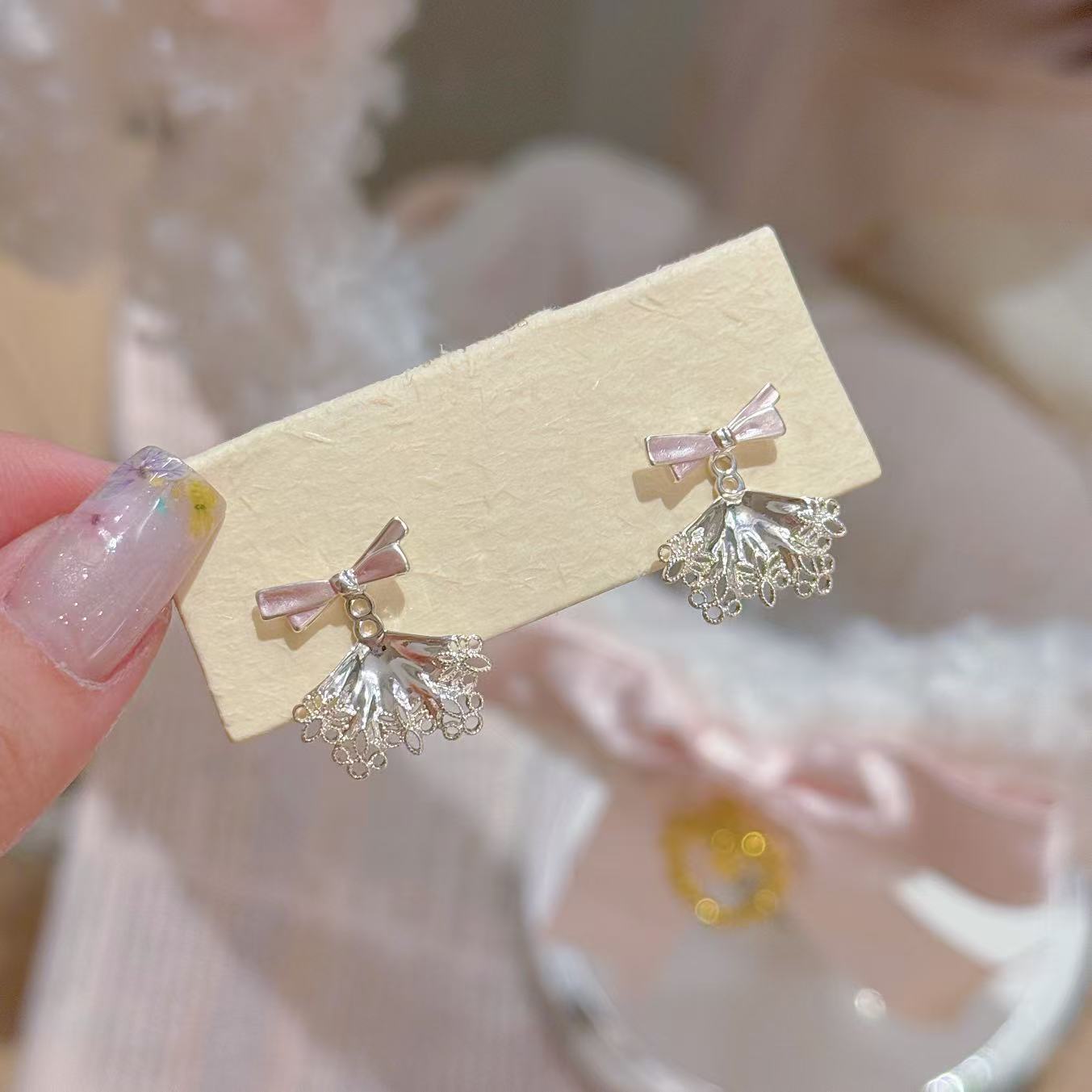 Ballet Aesthetic Bow & Lace Skirt Stud Earrings, Luxury Sweet Niche Dainty All-match Women Earrings