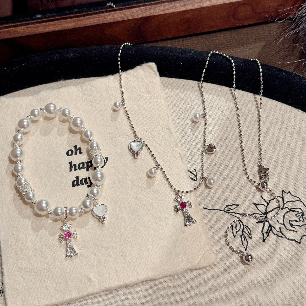 Cross Pearl Necklace & Bracelet Set, Luxury Niche All-match Clavicle Chain, Sweet Cool Style Exquisite Jewelry Set