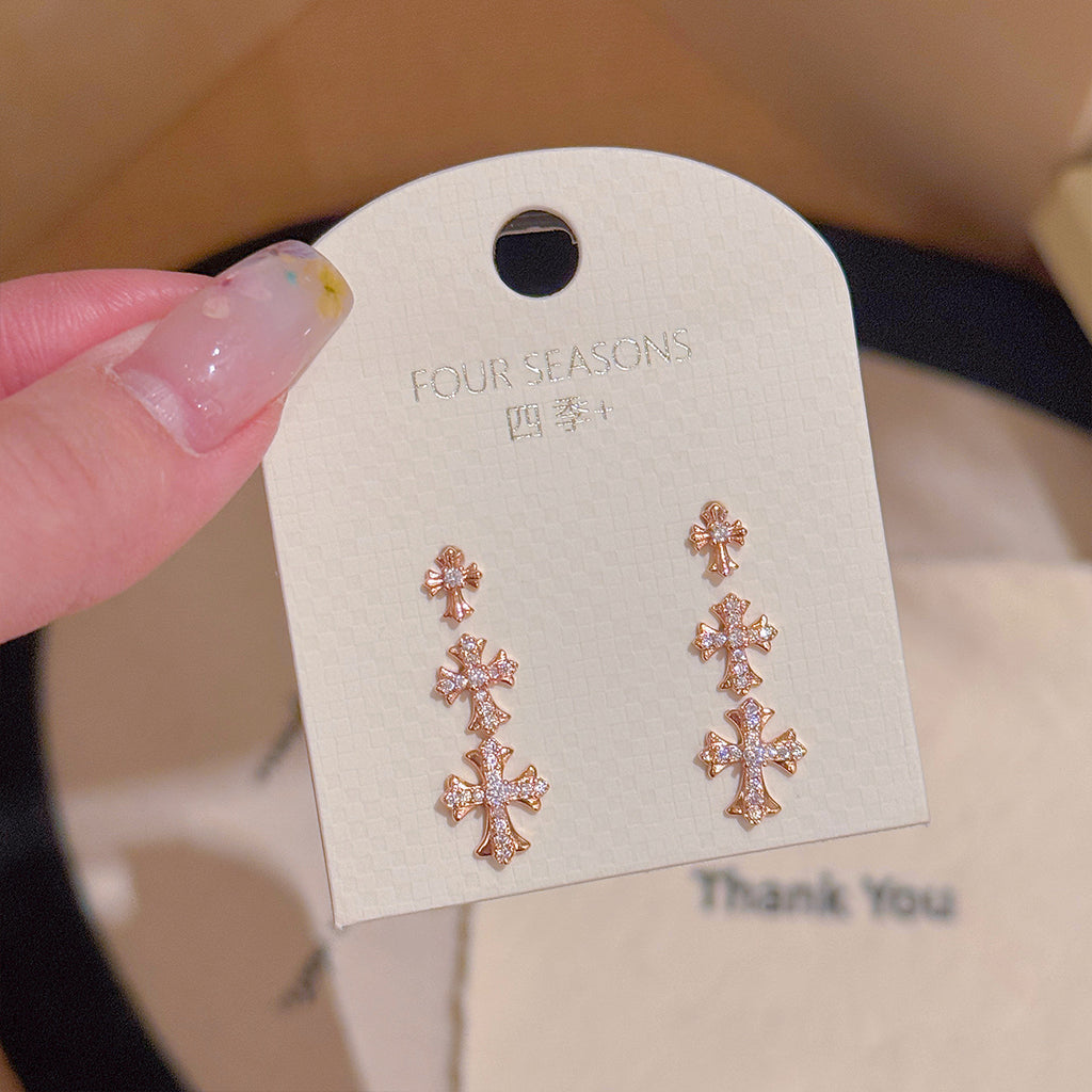 3 Pairs Cross Stud Earrings Set, Luxury Dainty Sweet Cool Style Earrings, All-match Daily Commute Jewelry