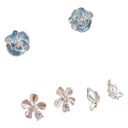 3 Pairs Blue Flower & Butterfly Stud Earrings Set, Luxury Cool Tone Dainty Earrings, Sweet All-match Daily Jewelry
