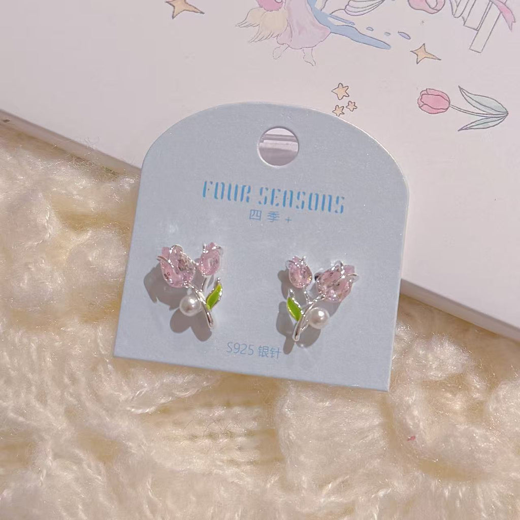Tulip Pearl S925 Silver Earrings, Fresh Sweet Daily Girly Studs