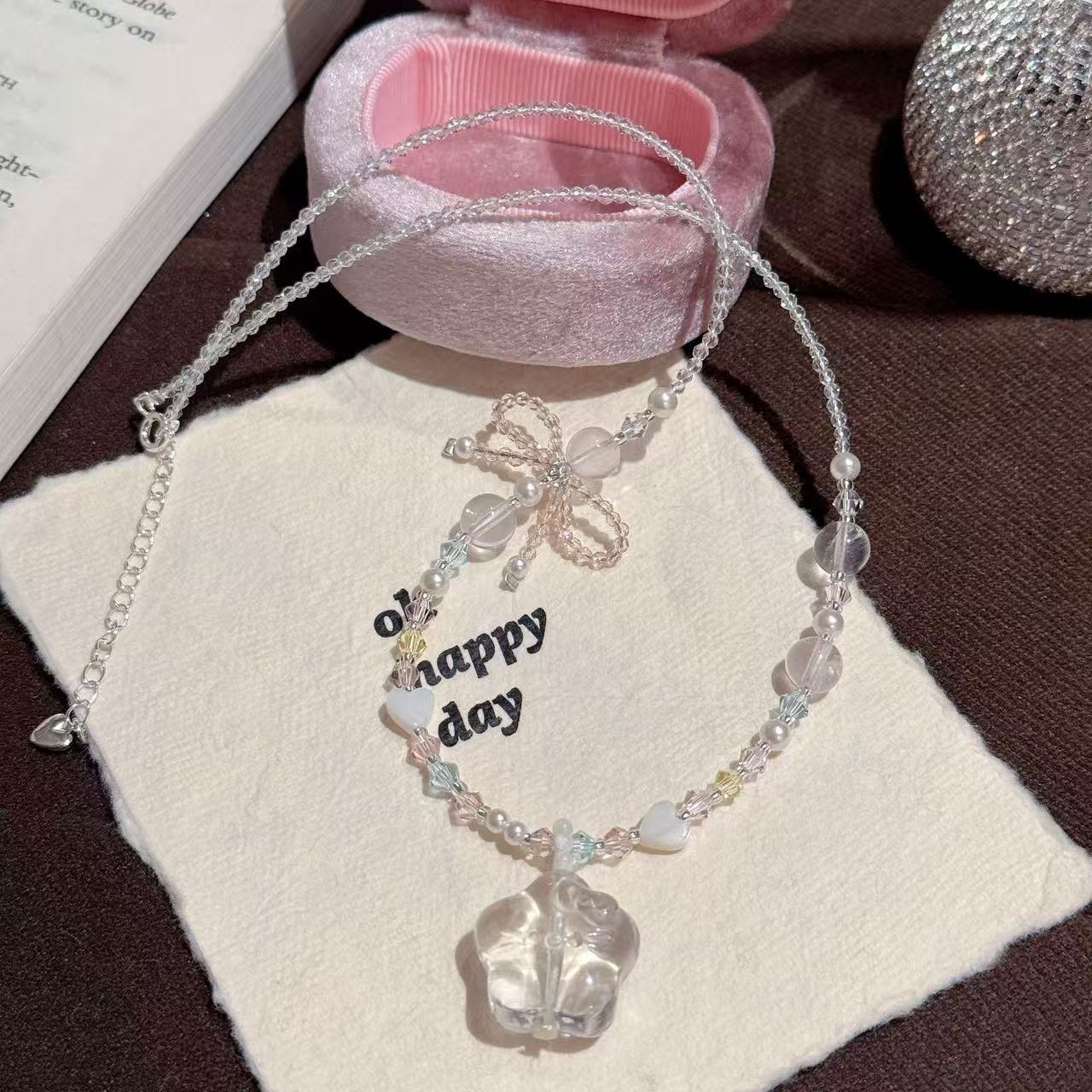 White Crystal Bow & Star Necklace, Cute Sweet Luxury Fashion Adjustable Chain Necklace Women Casual Party Jewelry水晶项链轻奢小众高级感精致甜美百搭项链