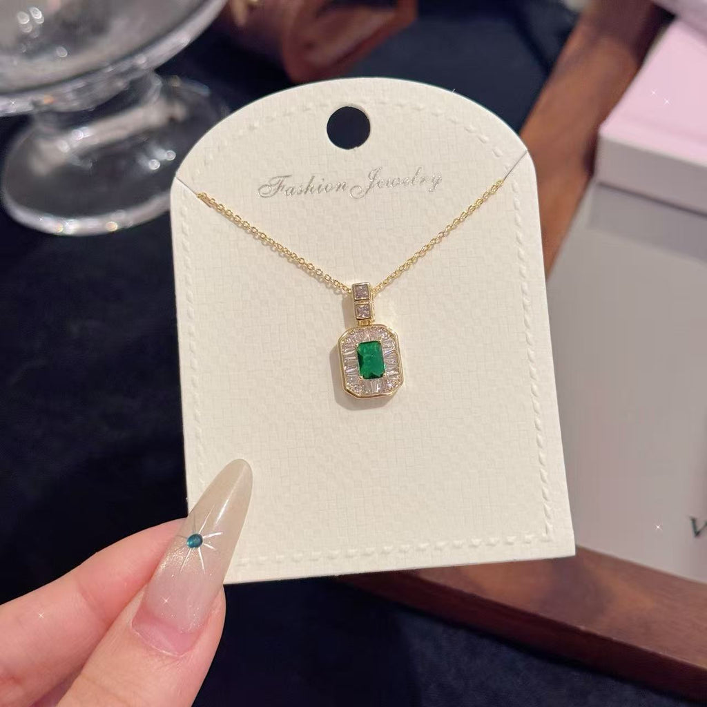 Vintage Green Square Glass Collarbone Necklace Luxury Women Elegant Jewelry