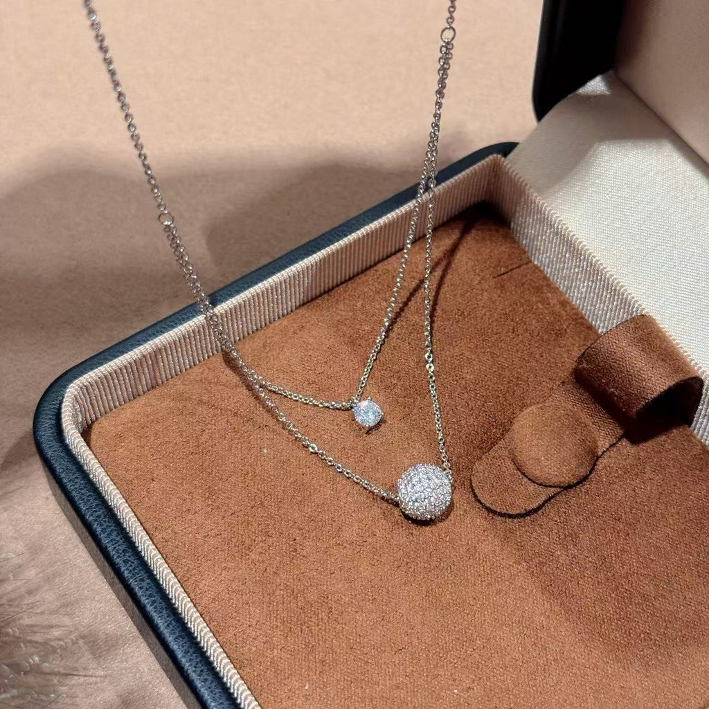 Double Layer Round Sparkling Cubic Zirconia Pendant Necklace, Luxury Niche Designer Elegant All-Match Office Commute Choker Clavicle Jewelry for Women