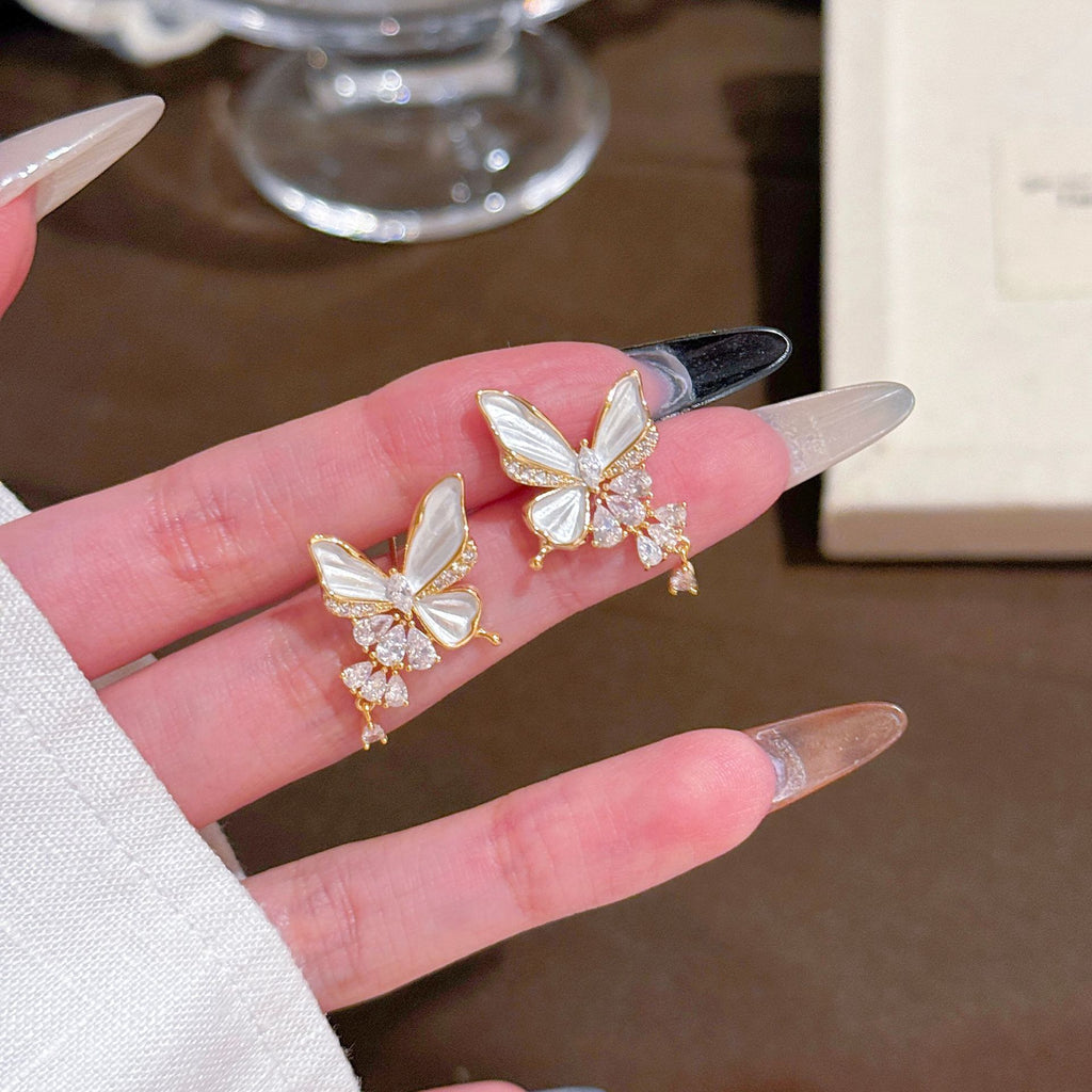 Shiny Butterfly Stud Earrings, Luxury Niche 925 Silver Needle Earrings, Exquisite Spring Fashion Design Ear Jewelry