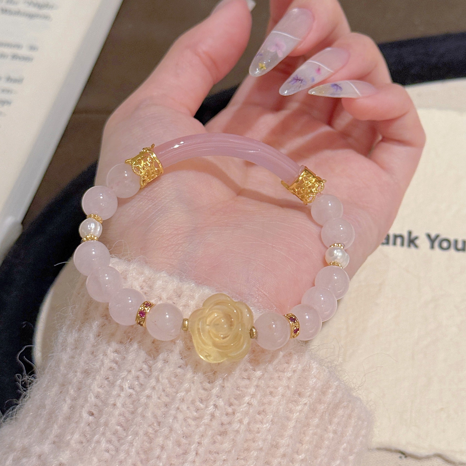 Camellia Citrine Beaded Bracelet, Luxury Niche High-grade Hand Jewelry, Elegant Temperament All-match Fashion Bracelet