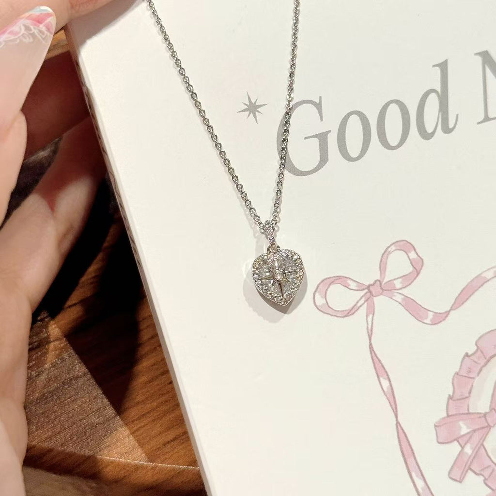 Korean Japanese Style Heart Zircon Necklace, Full Diamond Heart Pendant Clavicle Chain, Minimalist INS Elegant Jewelry