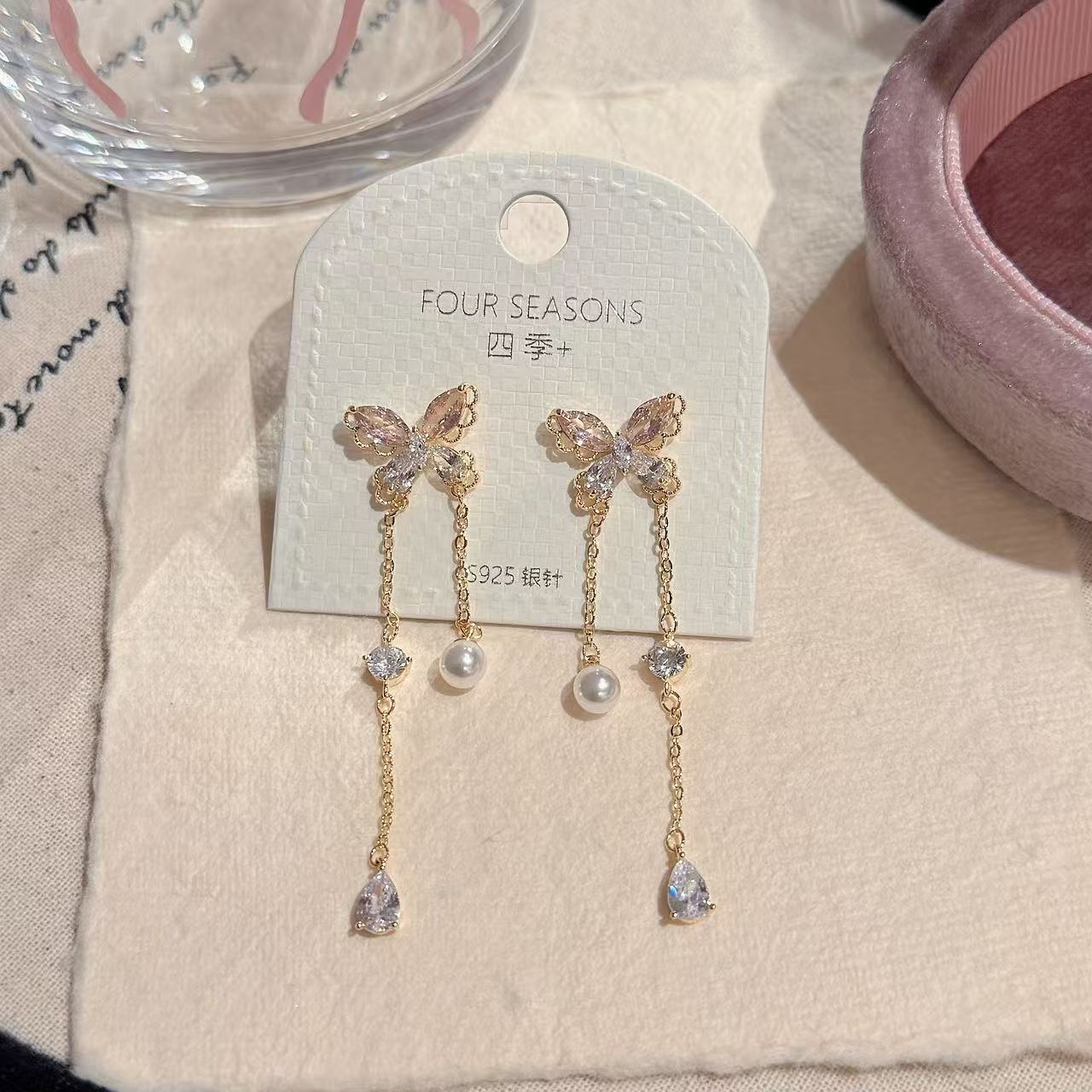 Custom Butterfly Pearl Tassel Drop Earrings, Luxury Niche S925 Sterling Silver Studs