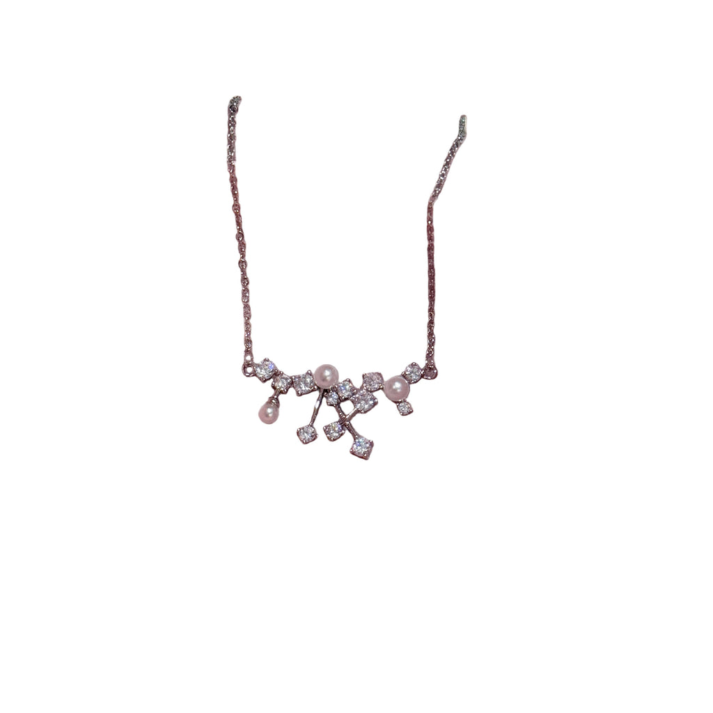 Spring Floral Branch Pearl Necklace, Shiny Zircon Light Luxury Elegant Clavicle Chain, Daily Commute Versatile Necklace
