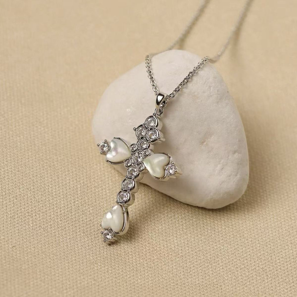 Cross Heart Mother of Pearl Collarbone Necklace Luxury Women Trend Jewelry