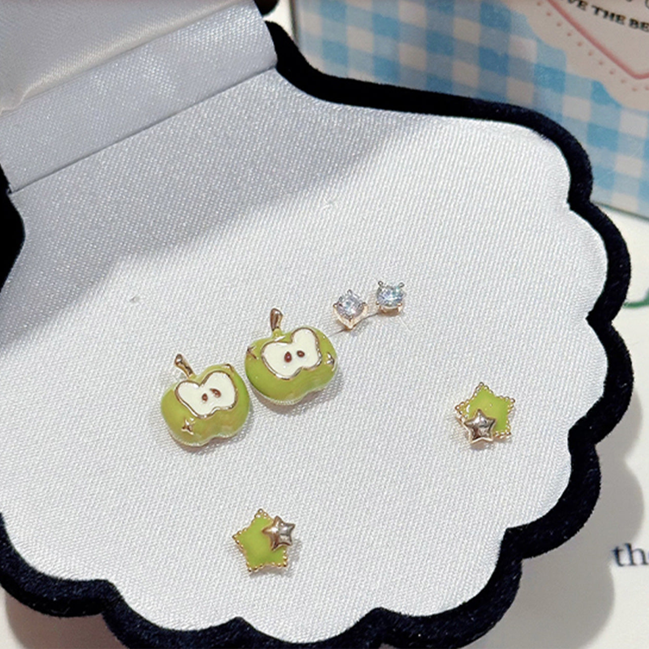 Fresh Green Apple Stud Earrings Three-piece Set, Literary Style Luxury Exquisite Ear Jewelry, Cute Elegant All-match Temperament Earrings