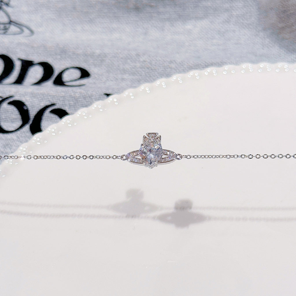 Saturn Heart Zircon Bracelet, Luxury Niche Vivienne Style Punk Hand Jewelry for Women