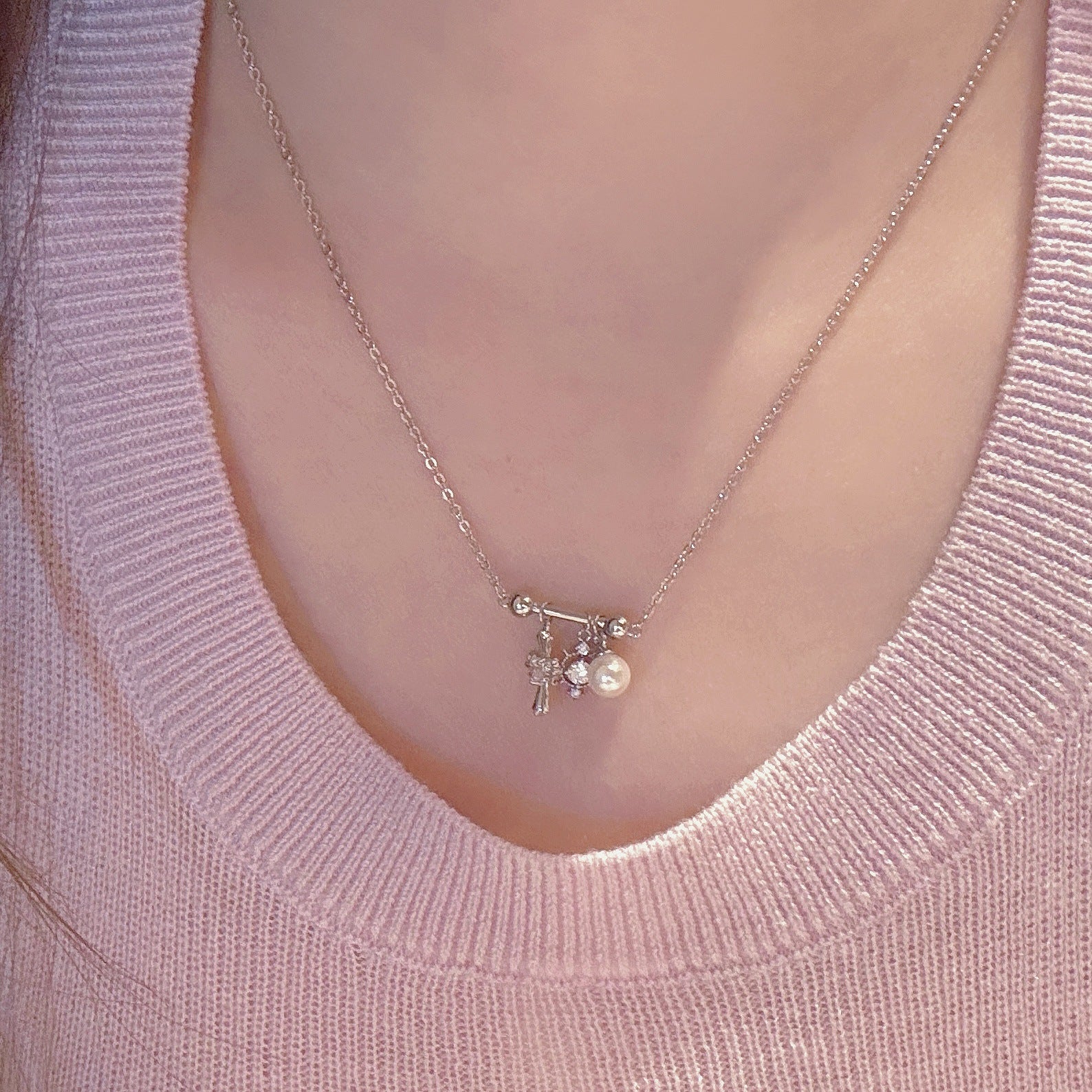 Retro Cross Pearl Clavicle Necklace, Elegant Sweet Cool High Grade Women Daily Jewelry
