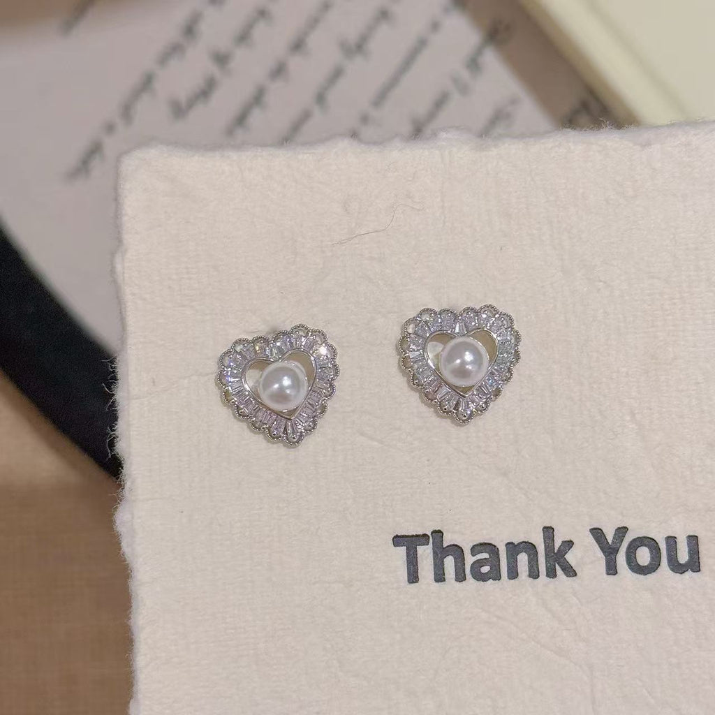 Heart Pearl Stud Earrings, Luxury Elegant Sweet Earrings, S925 Silver Needle Noble Temperament Exquisite Ear Jewelry