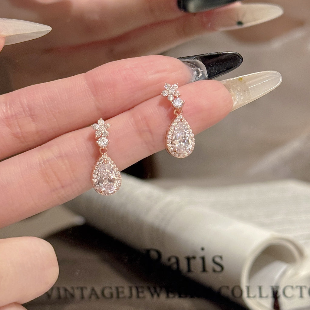 S925 Silver Flower Water Drop Earrings, Shiny Sweet Temperament Daily Studs