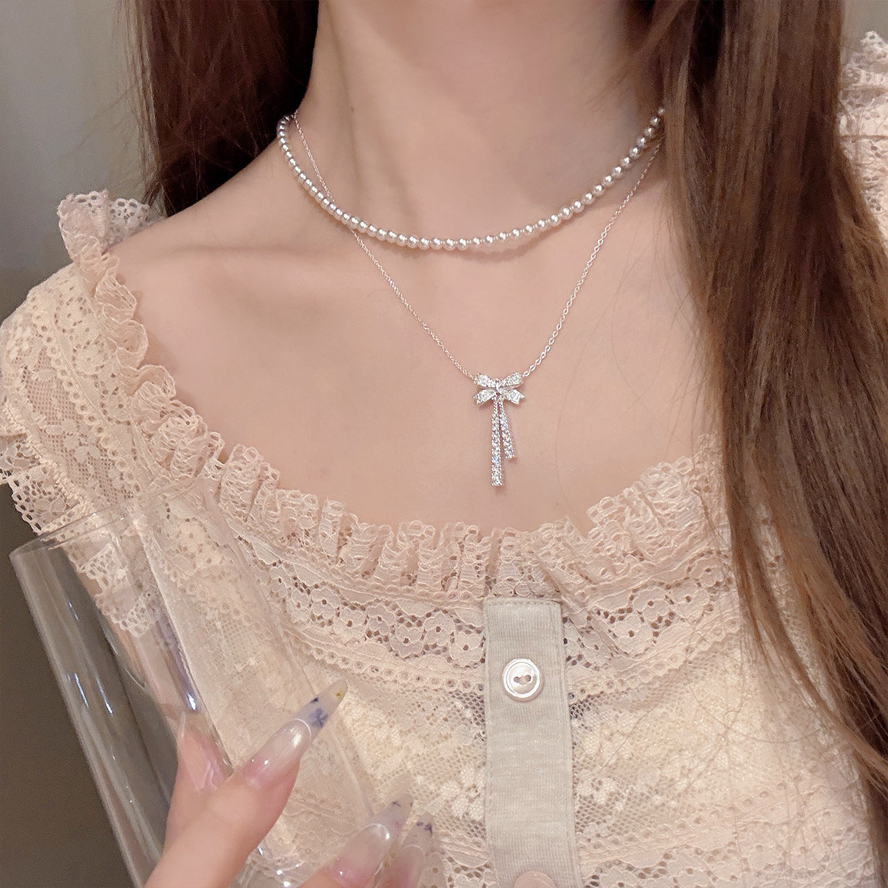 Bow Pearl Double Layer Necklace, Luxury Niche Elegant Clavicle Chain, Sweet Exquisite Fashion Jewelry