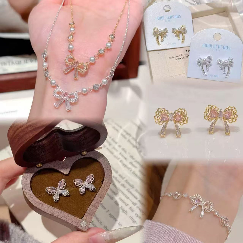 Bow Jewelry Set, Dainty Luxury Lace Trim Accessories, Sparkling Sweet Fresh Necklace Earrings Bracelet for Women