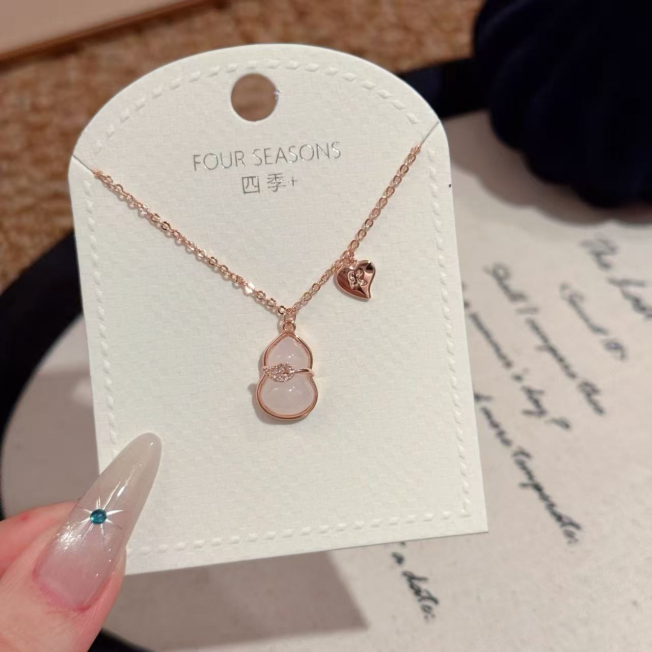 White Jade Glass Gourd Pendant Necklace, Elegant Lucky Fashion Neck Chain