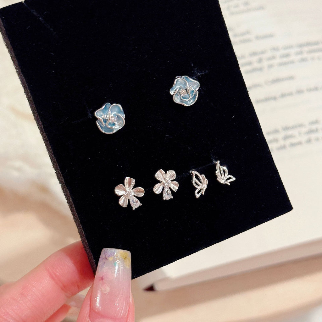 3 Pairs Blue Flower & Butterfly Stud Earrings Set, Luxury Cool Tone Dainty Earrings, Sweet All-match Daily Jewelry