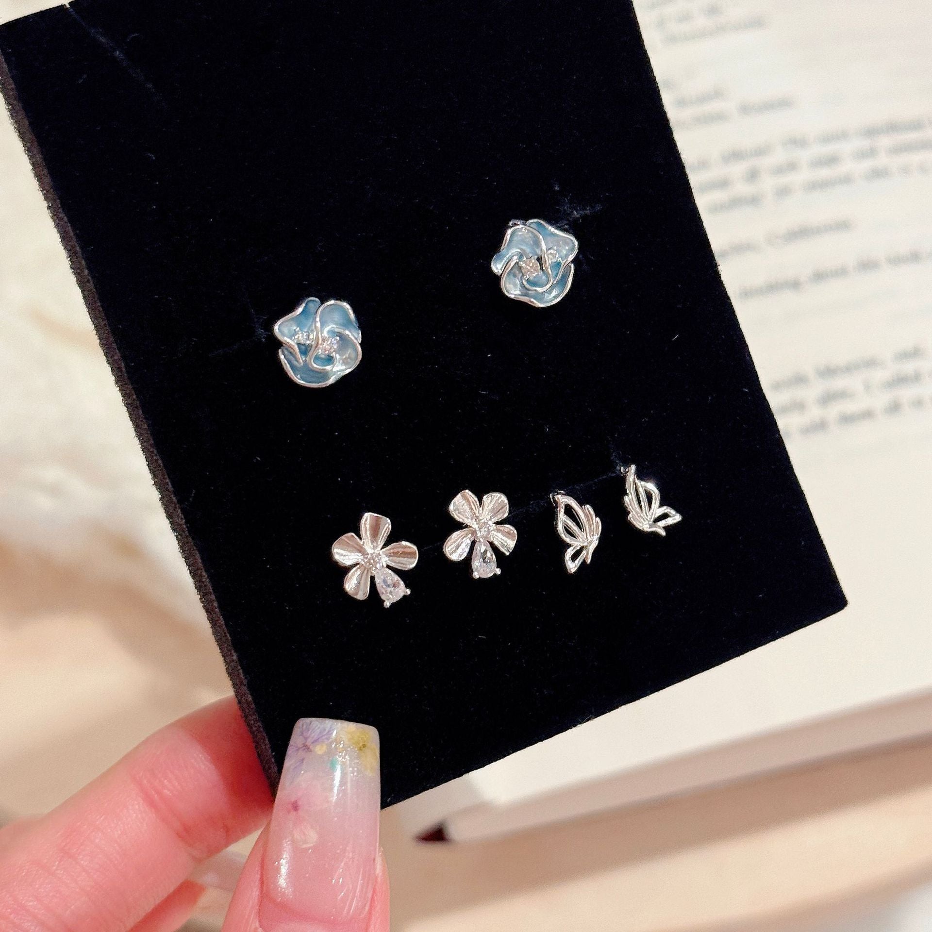 3 Pairs Blue Flower & Butterfly Stud Earrings Set, Luxury Cool Tone Dainty Earrings, Sweet All-match Daily Jewelry