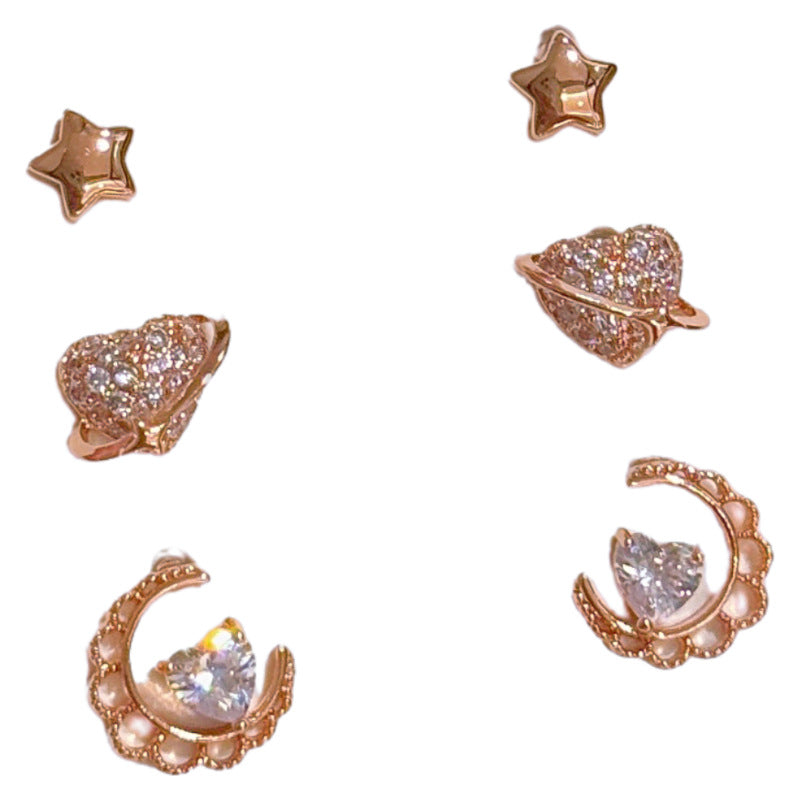 Shining Heart Star Stud Earrings 3Pcs Set, Luxury Elegant Dainty Gentle Temperament Ear Jewelry