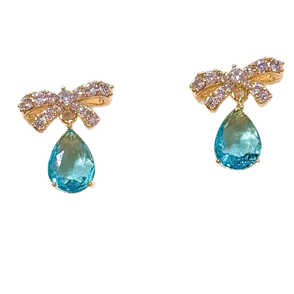 Water Drop Color Zircon Earrings, French Shiny Bow Stud Earrings, Luxury Elegant Niche Exquisite Jewelry