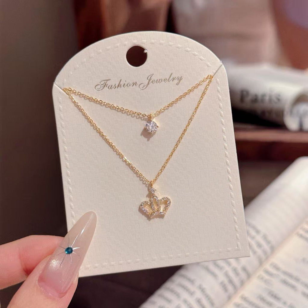 Princess Style Shiny Crown Double Layer Necklace, Luxury Dainty All-match Clavicle Chain Elegant Daily Jewelry