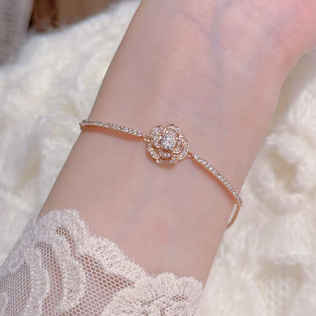 Camellia Flower Cubic Zirconia Bracelets for Women, Luxury Niche Sparkling Dainty Elegant Versatile Daily Fine Hand Jewelry