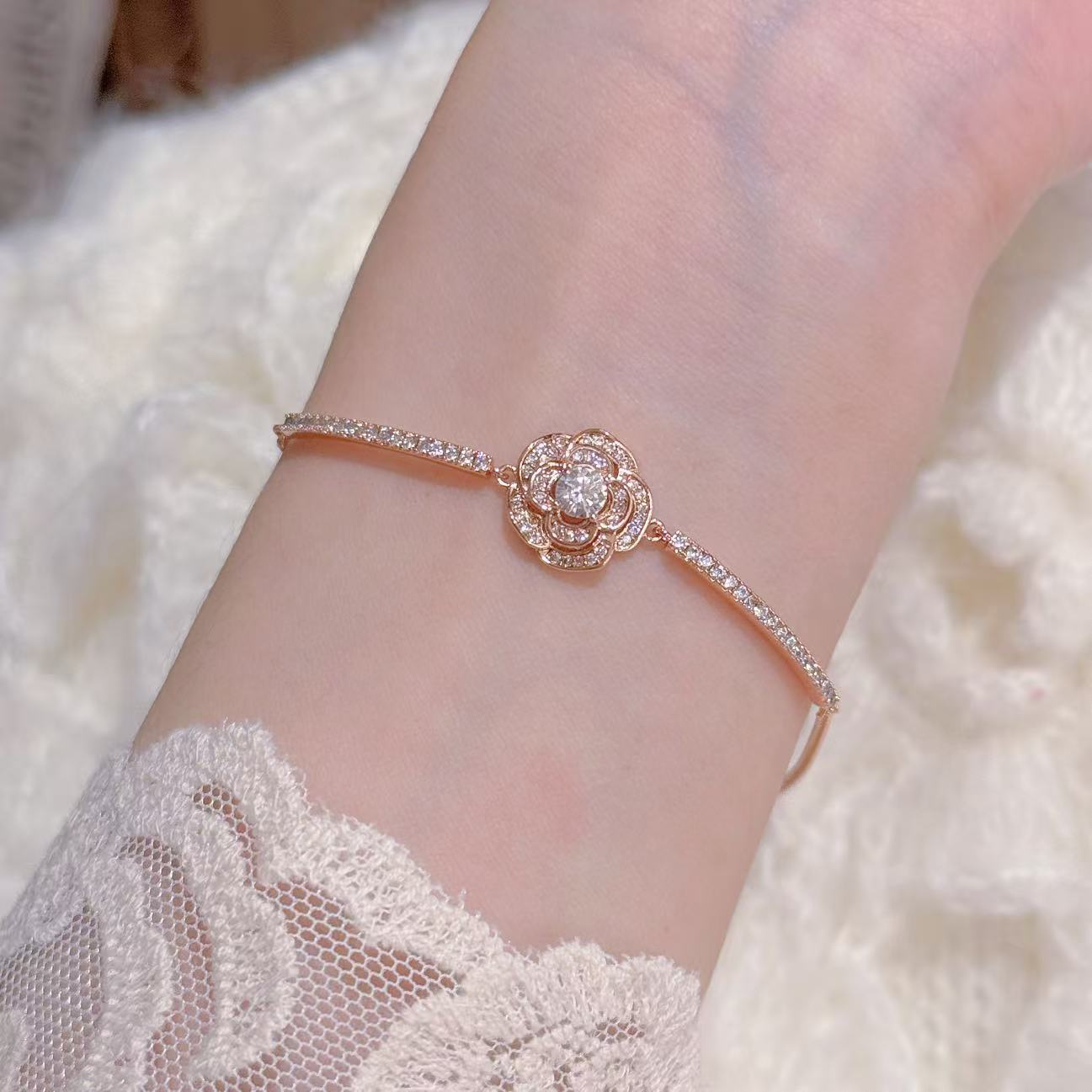 Camellia Flower Cubic Zirconia Bracelets for Women, Luxury Niche Sparkling Dainty Elegant Versatile Daily Fine Hand Jewelry
